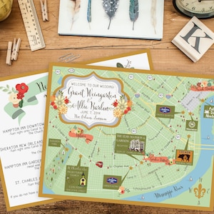 Custom Wedding MAP- Any Location Available-New Orleans, Louisiana Map Pictured- Destination Wedding, City Map- Wedding Map- Out of Town Bags