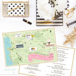 Custom Wedding Map,Carmel Valley Map,California Map,Destination Wedding,Custom Map Design,Custom Illustrated Map, Itinerary, Out of town bag