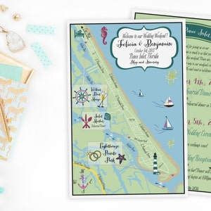 Custom Wedding MAP- Any Location Available- Ponce Inlet, Florida Map Pictured- Directions or Itinerary on Back, great for out of town bags