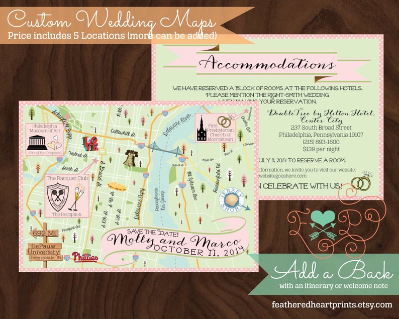 Custom Wedding MAP Any Location Available-Philadelphia, Pennsylvania Map Pictured Destination Wedding, City Map Wedding Map Directions image 2