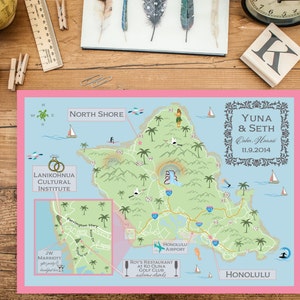 Custom Wedding MAP- Any Location Available-Oahu Hawaii Map Pictured- Destination Wedding, City Map- Wedding Map great for out of town guests