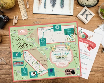 Custom Wedding MAP- Any Location Available-Napa Valley, California Map Pictured- Destination Wedding,City Map-Wedding Map Out of Town Bags