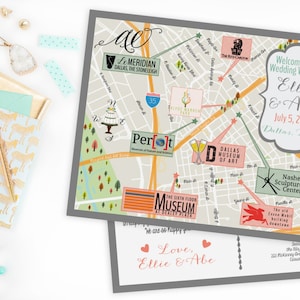 Custom Wedding MAP- Any Location Available- Dallas,Texas Map Pictured- Destination Wedding, City Map-Wedding Map Save the Date Map Post Card