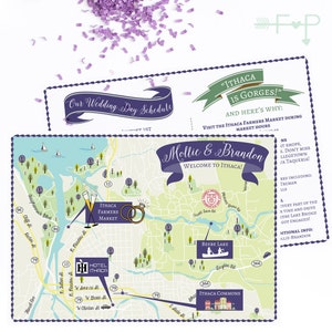 Custom Wedding Map, Ithaca NY Map, Ithaca New York, Destination Wedding,Custom Map Design,Custom Illustrated Map, Itinerary, Out of town bag