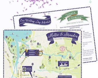 Custom Wedding Map, Ithaca NY Map, Ithaca New York, Destination Wedding,Custom Map Design,Custom Illustrated Map, Itinerary, Out of town bag