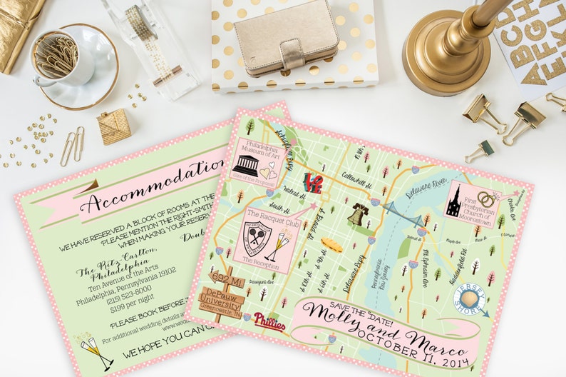 Custom Wedding MAP Any Location Available-Philadelphia, Pennsylvania Map Pictured Destination Wedding, City Map Wedding Map Directions image 1