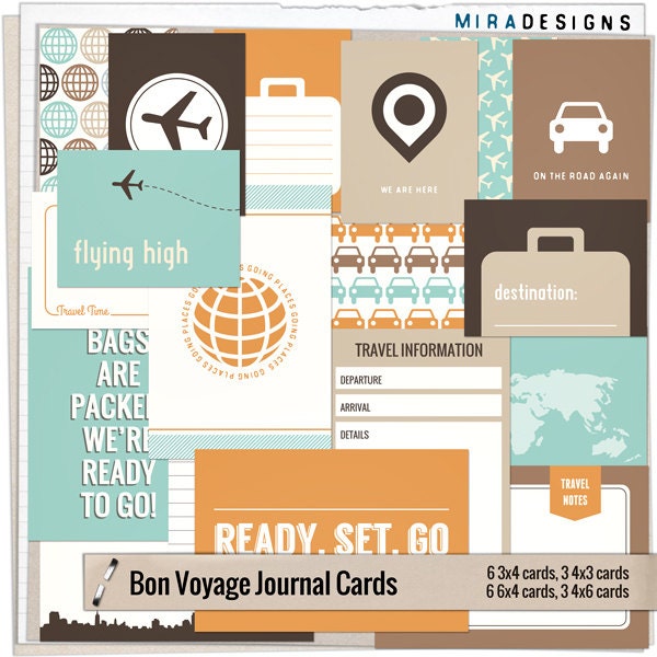 Bon Voyage Journal Cards - Instant Download - Printable journaling cards for Project Life and digital scrapbooking by Mira Designs