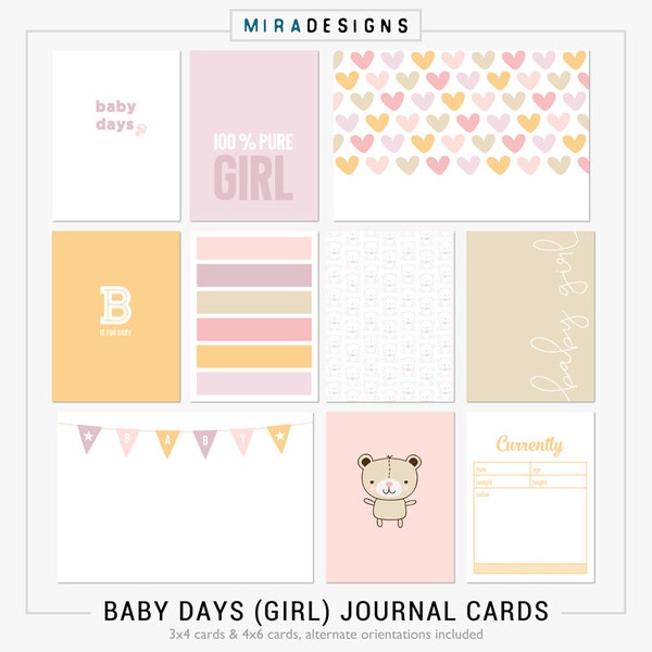Baby Days (Girl) - Printable journal cards for pocket and digital scrapbooking by Mira Designs