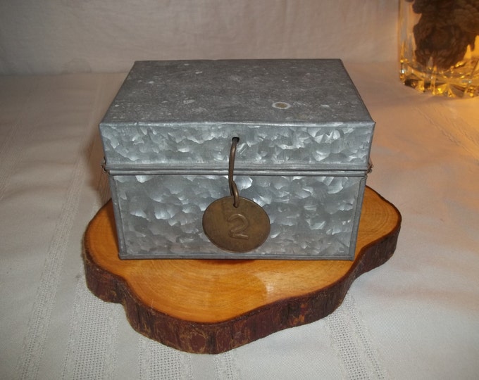 Vintage Antique Galvanized Metal Recipe Box W/ Brass Number 2 Cattle