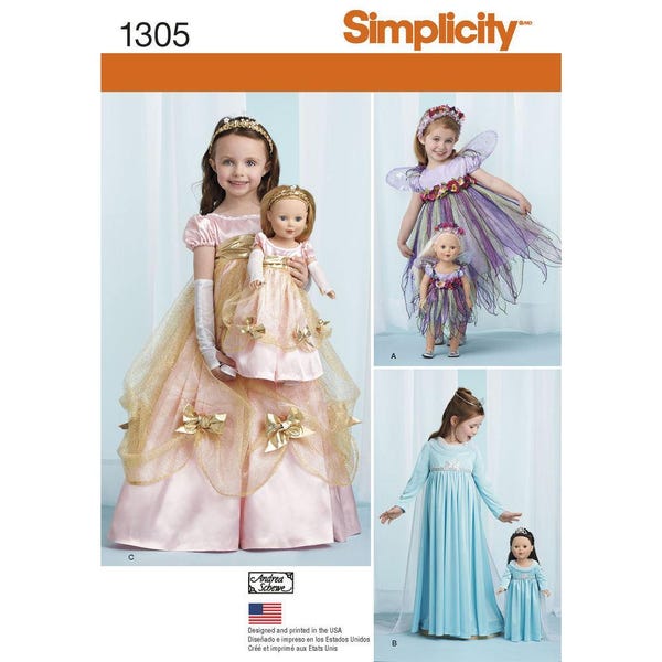 1305 Simplicity Princess Fairy Princess, Belle Elsa, Disney Princess, American Girl Doll, Jr Bridesmaid, Special Occasion, Dress Up, Cosplay