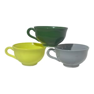 tasses à thé vintage Hazel Atlas Ovide Platonite. Lot de 3 Sierra Colors Gris, Chartreuse & Vert Foncé.