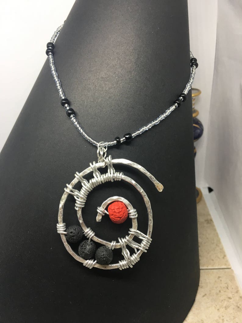 Essential Oil Diffuser Necklace Gift for her | Boho Style Necklace Beaded Necklace Lava Stone and Cinnabar Wirework Necklace