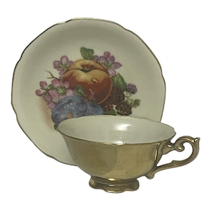 Vintage Gold Handpainted in Japan Fruit Tea Cup and Saucer