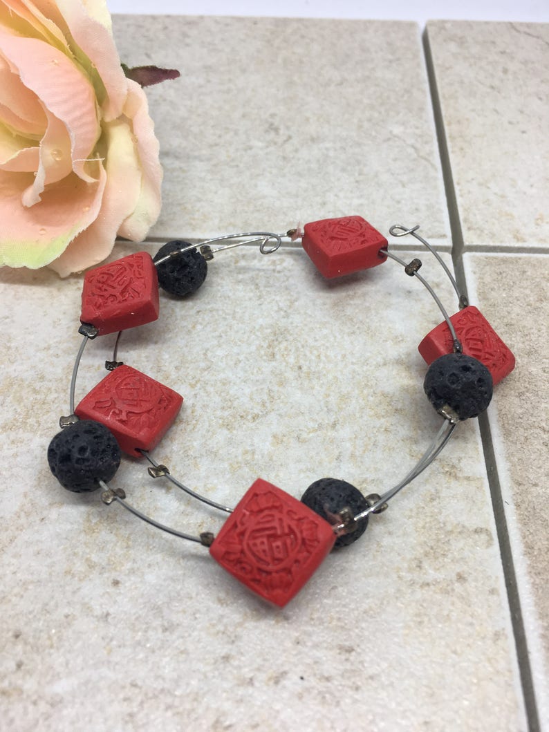 canadian seller ethnic style jewellery Lava Stone and Carved Cinnabar Memory Wire Bracelet gift for her gift under 25