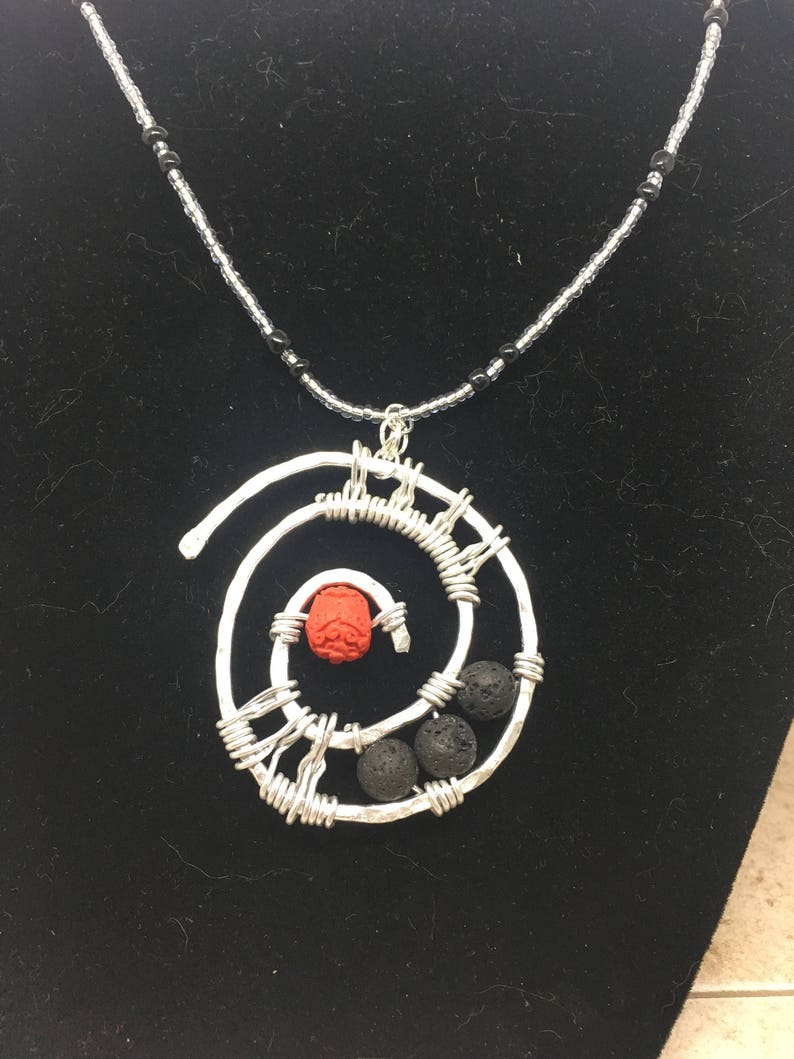 Essential Oil Diffuser Necklace Gift for her | Boho Style Necklace Beaded Necklace Lava Stone and Cinnabar Wirework Necklace