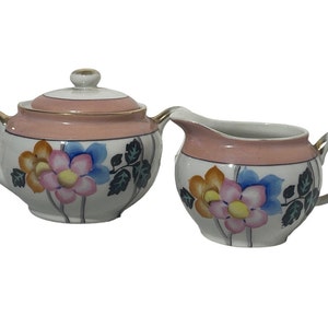 Vintage Noritake Creamer and Sugar Bowl Hand Painted Japan Pink Floral