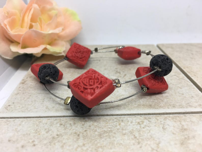 canadian seller ethnic style jewellery Lava Stone and Carved Cinnabar Memory Wire Bracelet gift for her gift under 25