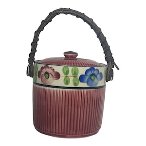 Vintage Biscuit Cookie Jar Rattan/Wicker Handle Handpainted Made in Japan