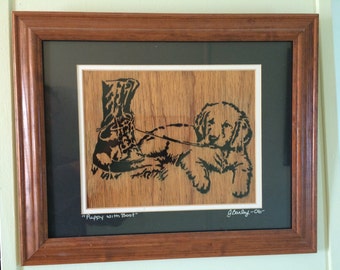 13x17 Framed Scroll Work Puppy with Boot Portrait