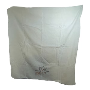 Vintage Embroidered Tablecloth Coffee Pot Design White Cotton 33" x 35"