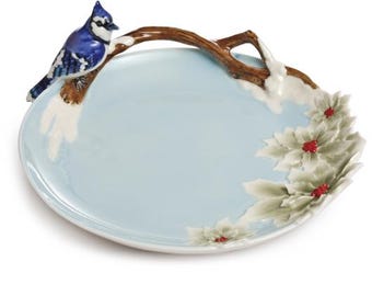 Franz Porcelain Collection Song Bird Blue Jay Plate Trinket Dish 3D Natural FZ02149