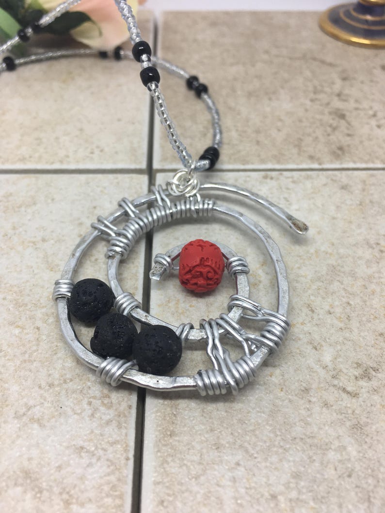 Essential Oil Diffuser Necklace Gift for her | Boho Style Necklace Beaded Necklace Lava Stone and Cinnabar Wirework Necklace