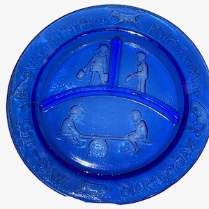 See Saw Margery Daw Plate Childrens Nursery Rhyme Divided 8&quot; Dark Blue Vintage
