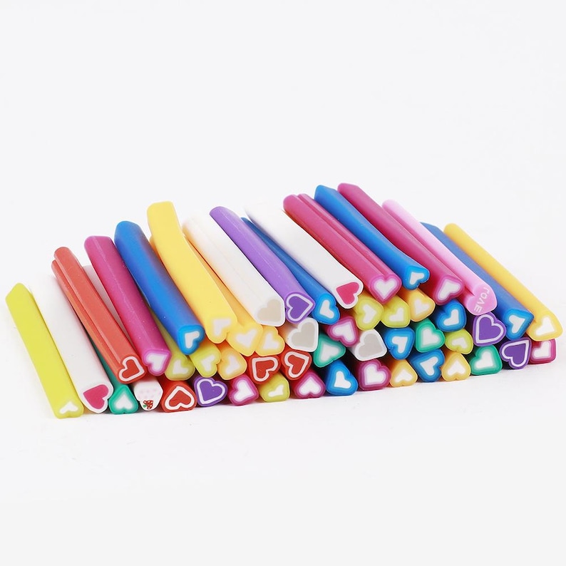 50pcs Pre-baked Polymer Clay Canes Ready for Nails, Assorted Fimo Canes Cutters, Fruit Canes Earrings, Nail Art Manicure Deco, Fimo Sticks Heart