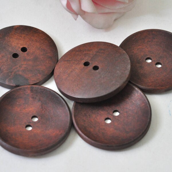 DUP-8pcs 40mm Round Wooden Buttons Sewing Craft Dark Brown Finished Natural Wood Button 2 Two Hole Bow Style MT1208