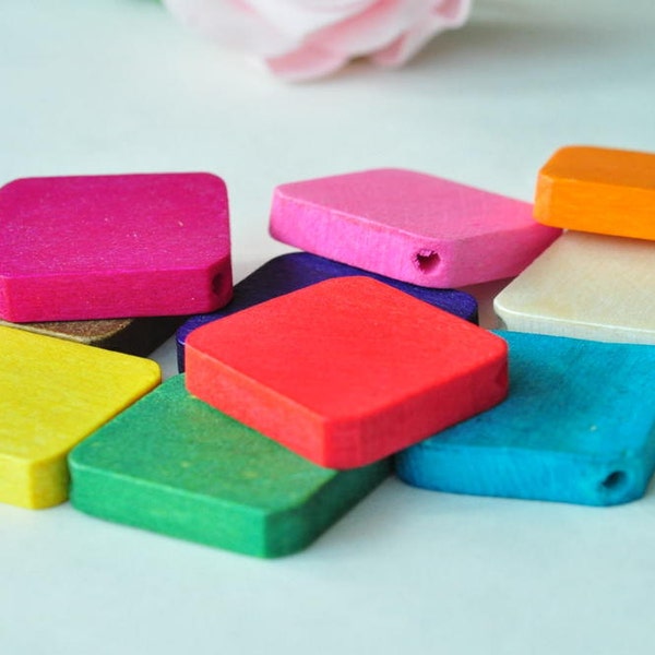 12pcs Flat Square Wood Beads Assorted Colors Natural Wood Beads 27x28x6mm MT166