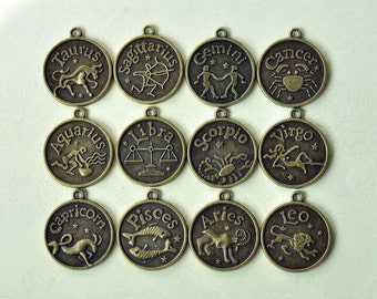 1set(12pcs) 25mm Pad Antique Bronze Round Cameo Cabochon Base Settings Twelve 12 Astrology Charms Zodiac Star Sign Pendant MM976