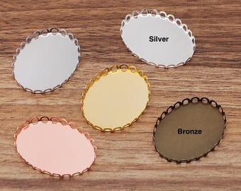 BULK 20pcs/pack Oval Brass Blank Tray Bezel Settings Fits 30x40mm, Lace Edge Cabochon Base Settings - Bronze/Silver