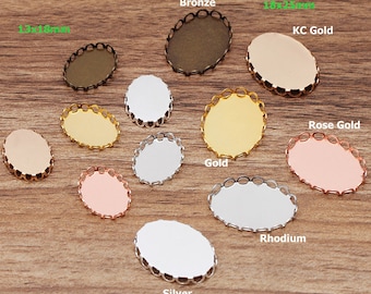 BULK 50pcs Oval Brass Blank Tray Bezel Settings Fits 18x25mm/13x18mm, Lace Edge Cabochon Base Settings - Bronze/Silver/Gold