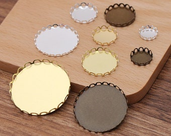 100pcs Round Brass Blank Tray Bezel Settings Fits 10mm/12mm/14mm/15mm/16mm/18mm/20mm/25mm/30mm, Lace Edge Cabochon Base Settings