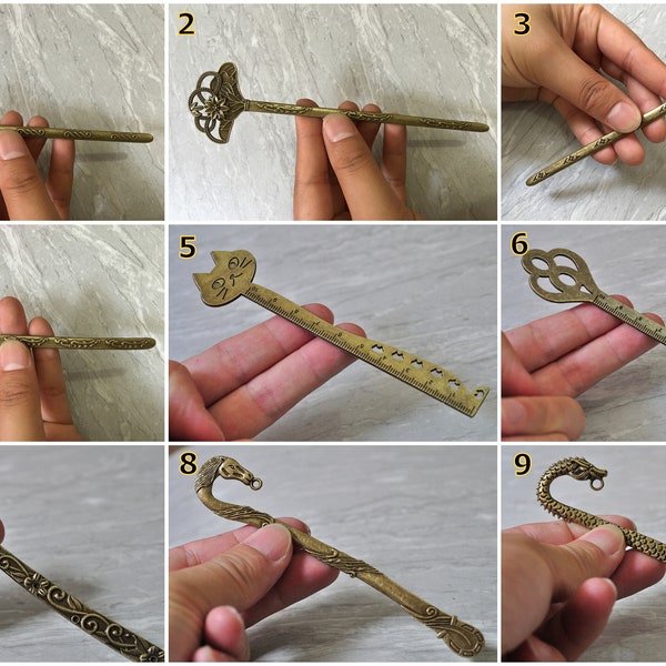 3pcs Hairpin Antique Bronze Hair Clip Pin Stick Women Hair Accessory Flower/Fan/Love/Good Wish/Cat/Ruler/Key/Horse/Dragon - Bronze Bookmark