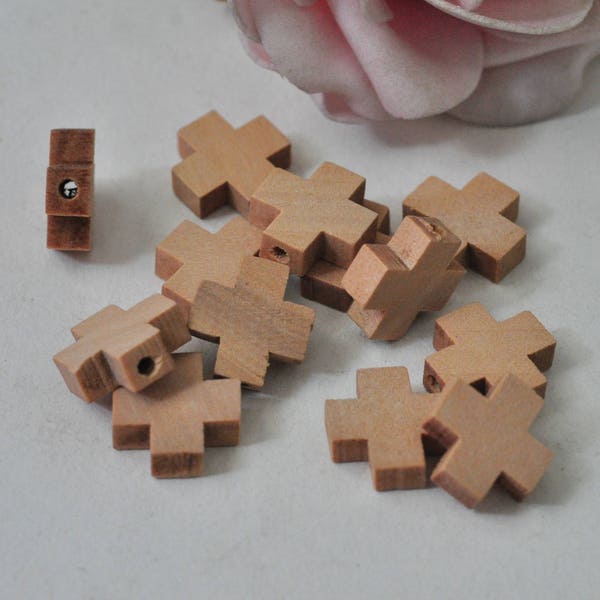 40pcs 15mm Small Natural Wood Cross Charm Wooden Cross Unfinished Beads
