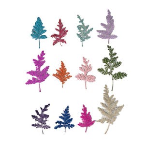 May include: A collection of twelve individual fern-shaped lace appliques in various colors including teal, red, light green, lavender, purple, orange, light pink, dark green, dark purple, blue, magenta, and beige, arranged in a grid pattern.