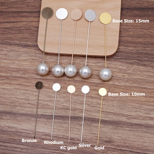 50sets 70mm Brass Lapel Pins, 10mm/15mm Base Pad, DIY Clutch Brooch Finding Stick Pin Blank Thickness 1mm, Pearl Stopper