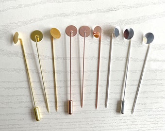 50sets Lapel Pin Blanks Stick Pin Clutch 65mm/93mm, 10mm Base Pad, Rubber Stopper, Brass Needle Eyepin DIY Clutch Brooch Pin Back Stick
