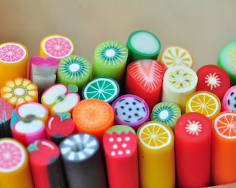 50pcs Pre-baked Polymer Clay Canes Ready for Nails, Assorted Fimo Canes Cutters, Fruit Canes Earrings, Nail Art Manicure Deco, Fimo Sticks