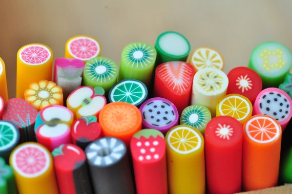 50pcs Pre-baked Polymer Clay Canes Ready for Nails, Assorted Fimo Canes Cutters, Fruit Canes Earrings, Nail Art Manicure Deco, Fimo Sticks