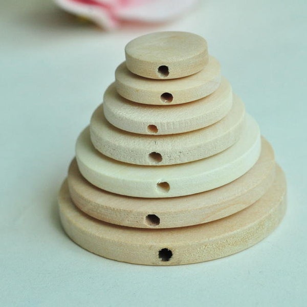 Round Wooden Beads, 15mm/18mm/20mm/25mm/30mm/35mm/40mm/45mm Unfinished Flat Round Wood Beads Plain Natural Wooden Disc Circle