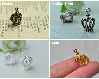 16pcs 3D Crown Charms, Gold Tone, Silver Tone, Bronze Tone Pendant - 20x13x11mm