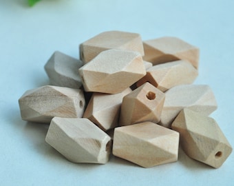 20pcs/pack Faceted Wood Barrel Beads, 17x10mm Oblong Natural Geometric Wooden Beads, 14 Hedron Solid Cube  Beads for Necklace Craft