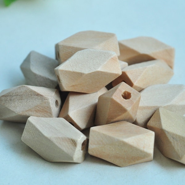 20pcs 17x10mm Oblong Unfinished Natural Wood Bead 14 Hedron Geometric Figure Solid Faceted Cube Octagonal - No Varnish & No Lacquer MT208