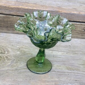 Fenton Ruffled Colonial Green Thumbprint Candy Dish Compote