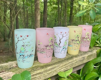 Midcentury Japan Themed Frosted Glass Tumblers Set of Five