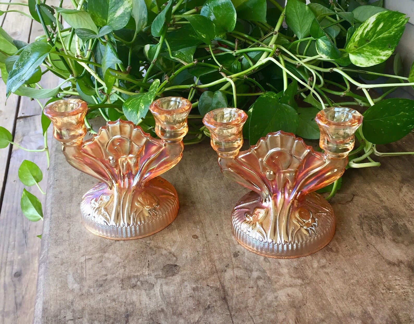 Marigold Glass Candle Holders Iris and Herringbone Pattern Etsy
