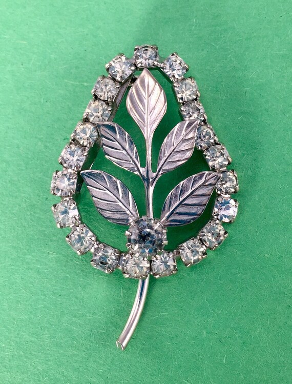 Rhinestone Brooch With Silver Leaves - image 3