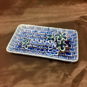 Mid-century Blue Ceramic Ashtray With Grape Motif